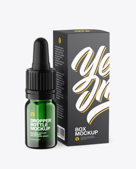 Green Glass Dropper Bottle w/ Box Mockup