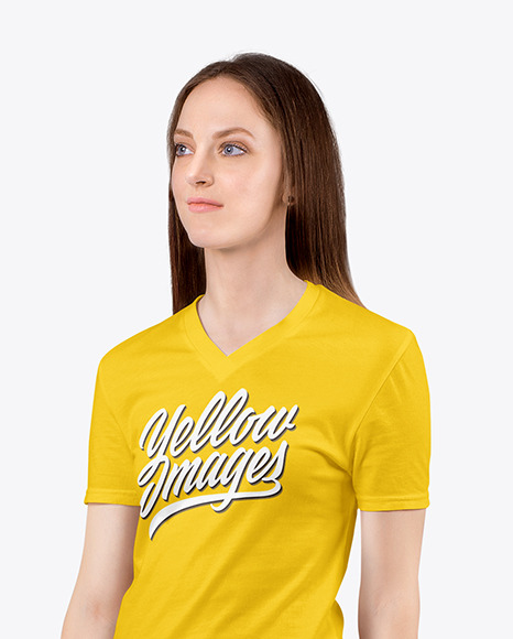 Woman in a V Neck T Shirt Mockup PSD #2