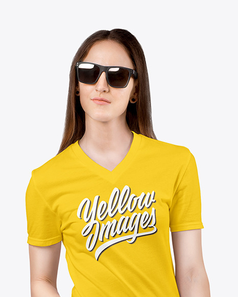 Woman in a V Neck T Shirt Mockup PSD #2