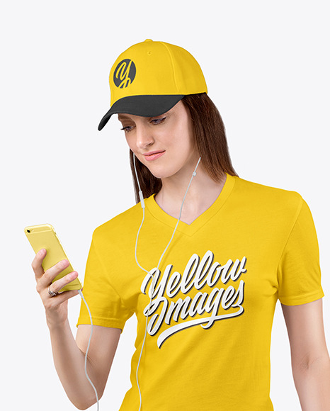 Woman in a V Neck T Shirt Mockup PSD #2