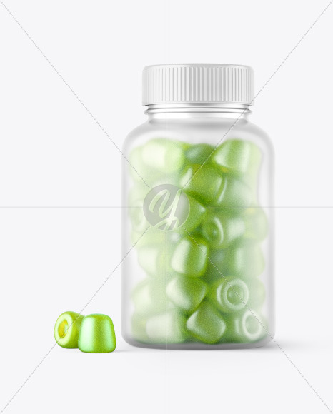 Download Clear Glass Bottle With Rounded Pills Mockup Front View In Bottle Mockups On Yellow Images Object Mockups