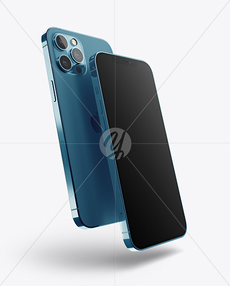 Free Two Apple iPhones 12 Pro Max Pacific Blue Mockup PSD Mockups