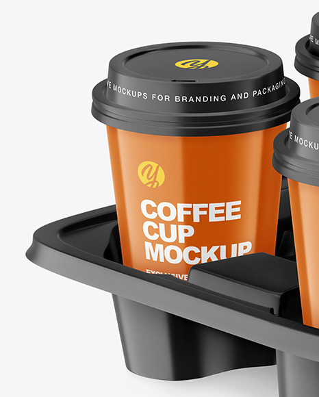 Glossy Coffee Cups in Paper Holder Mockup PSD #2