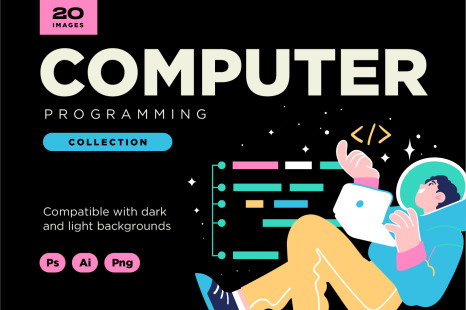 Programming Illustration Set. Different characters working on web and application development