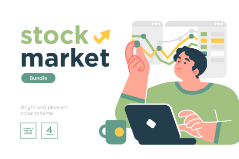 Stock trading, stakeholder, investment, analysis,  concepts illustration set.