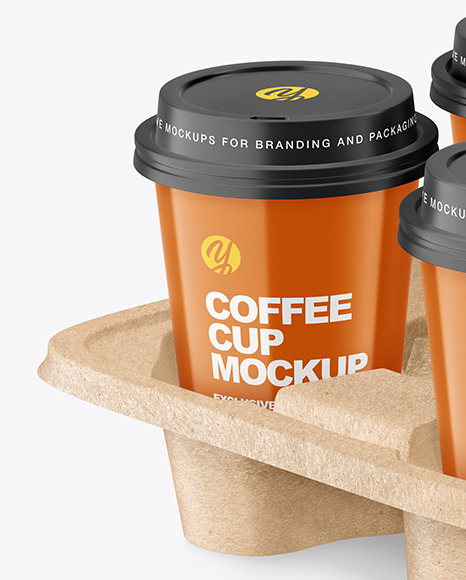Glossy Coffee Cups in Kraft Paper Holder Mockup PSD #2