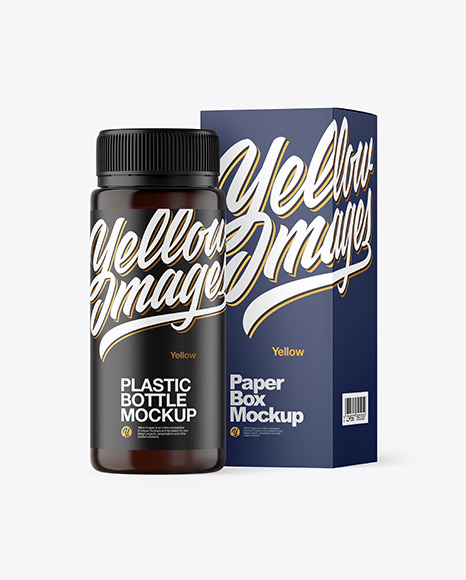 Amber Plastic Bottle with Box Mockup on Yellow Images Object Mockups