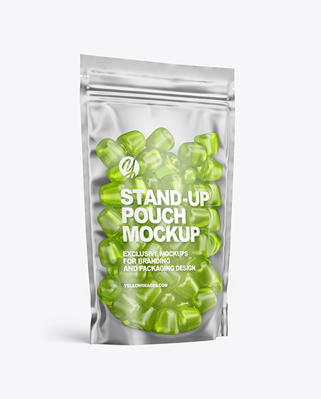 Free Frosted Plastic Stand-up Pouch w/ Gummies Mockup PSD Mockups