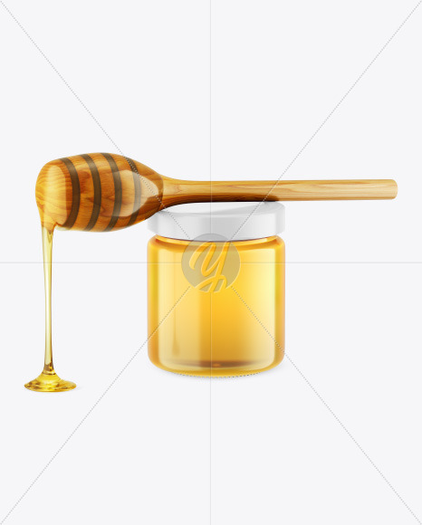 Free Clear Glass Honey Jar w/ Wooden Dipper Mockup PSD Mockups