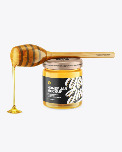 Clear Glass Honey Jar w/ Wooden Dipper Mockup