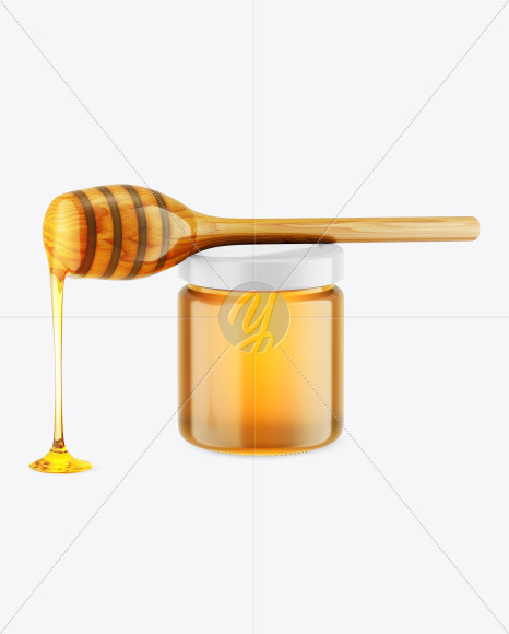 Clear Glass Honey Jar w/ Wooden Dipper Mockup Clear Glass Honey Jar w/ Wooden Dipper Mockup