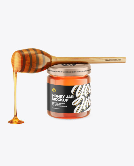 Clear Glass Honey Jar w/ Wooden Dipper Mockup