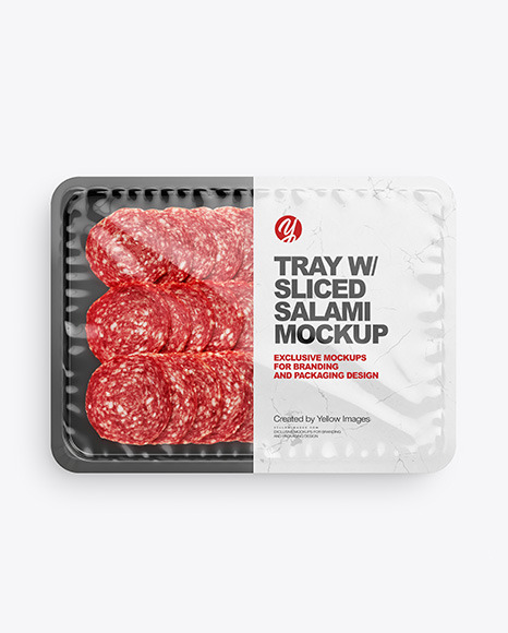 Plastic Tray With Glossy Film &amp; Salami Mockup