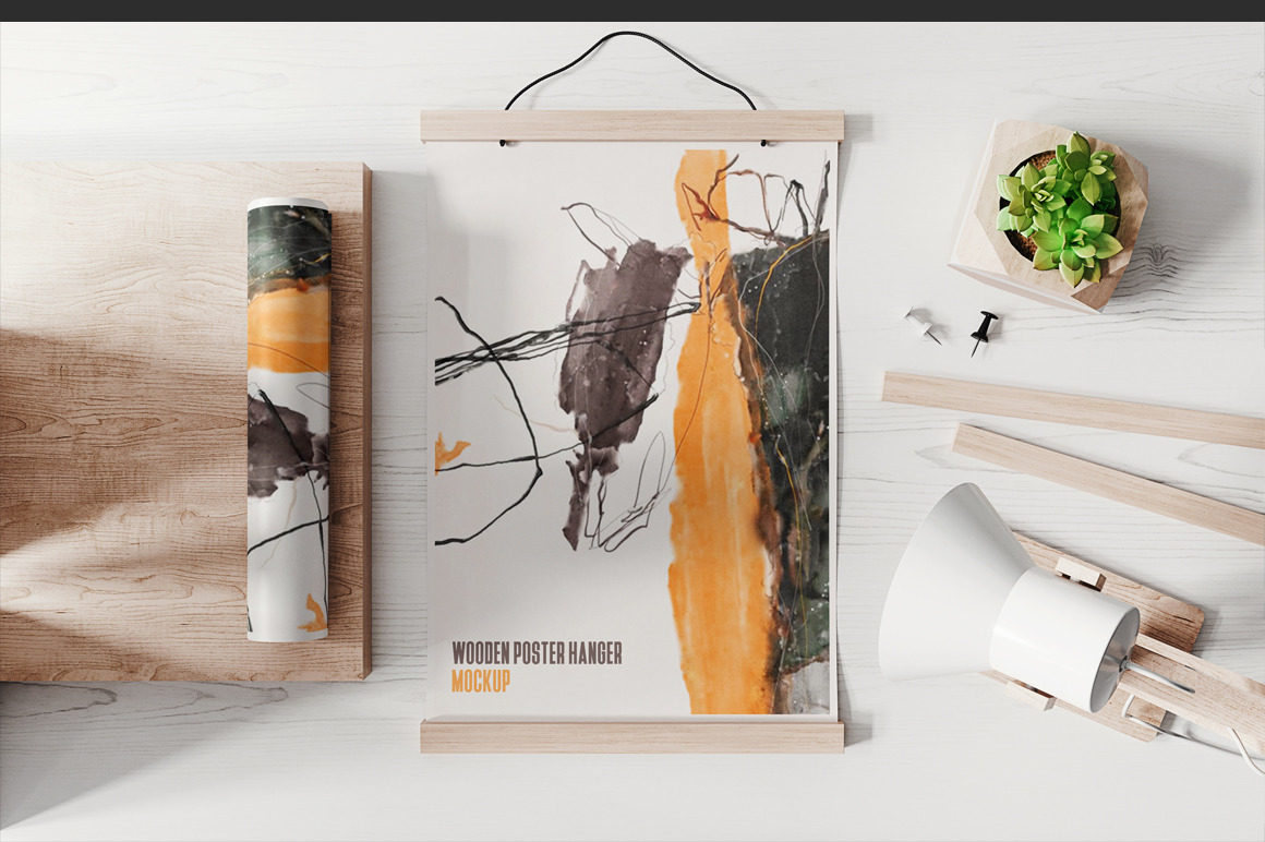 Wooden Poster Hanger Mockup On Yellow Images Creative Store