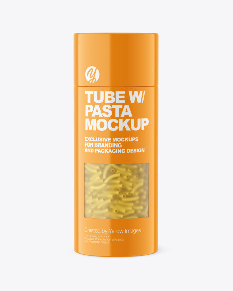 Glossy Paper Tube w/ Sedani Rigati Pasta Mockup