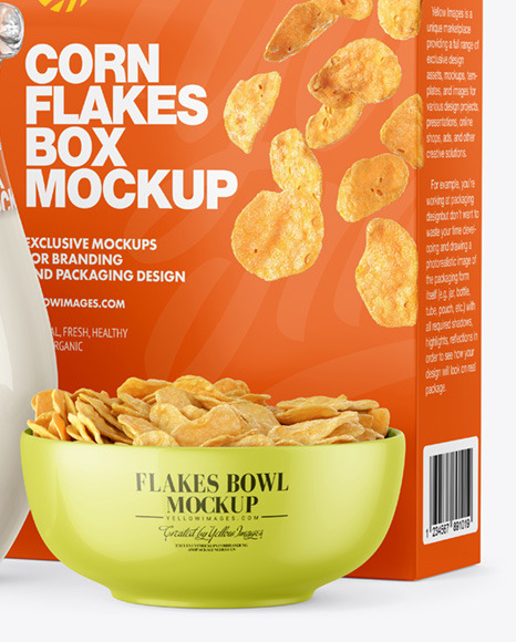 Glass Milk Jug and Bowl with Corn Flakes Mockup Glass Milk Jug and Bowl with Corn Flakes Mockup