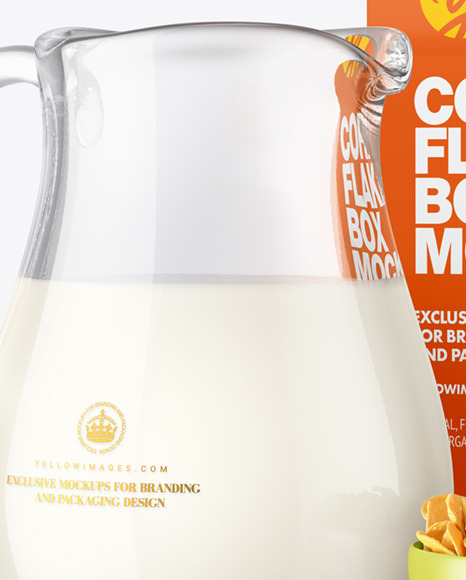 Glass Milk Jug and Bowl with Corn Flakes Mockup Glass Milk Jug and Bowl with Corn Flakes Mockup
