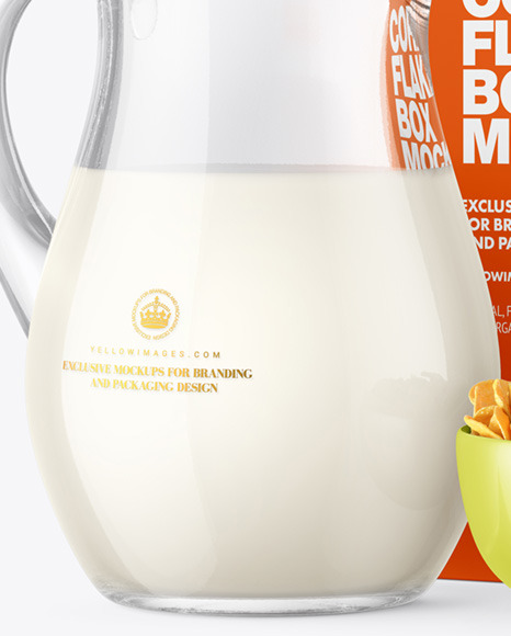 Glass Milk Jug and Bowl with Corn Flakes Mockup Glass Milk Jug and Bowl with Corn Flakes Mockup