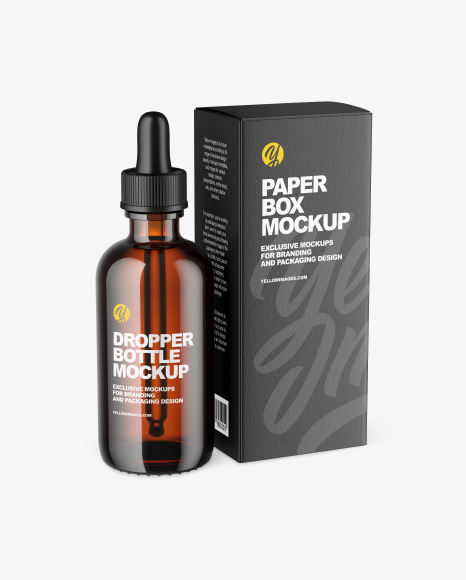 Amber Glass Dropper Bottle w/ Paper Box Mockup