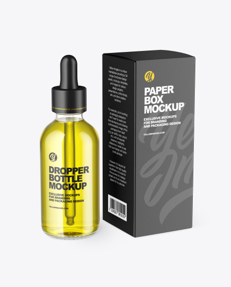 Clear Glass Dropper Oil Bottle w/ Paper Box Mockup