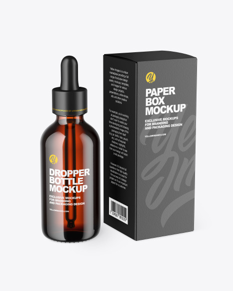 Amber Glass Dropper Bottle w/ Paper Box Mockup