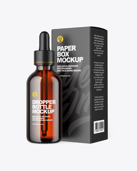 Amber Glass Dropper Bottle w/ Paper Box Mockup