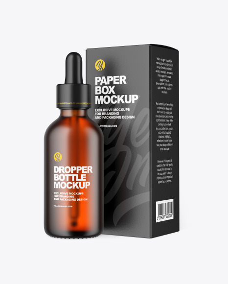 Frosted Amber Glass Dropper Bottle w/ Paper Box Mockup