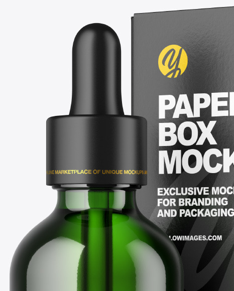 Green Glass Dropper Oil Bottle w/ Paper Box Mockup Green Glass Dropper Oil Bottle w/ Paper Box Mockup