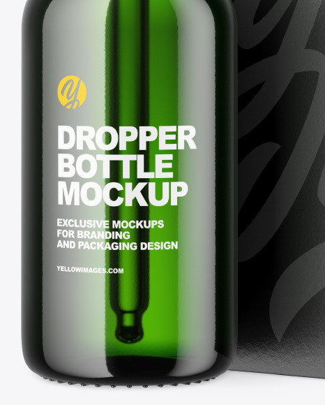 Green Glass Dropper Oil Bottle w/ Paper Box Mockup Green Glass Dropper Oil Bottle w/ Paper Box Mockup