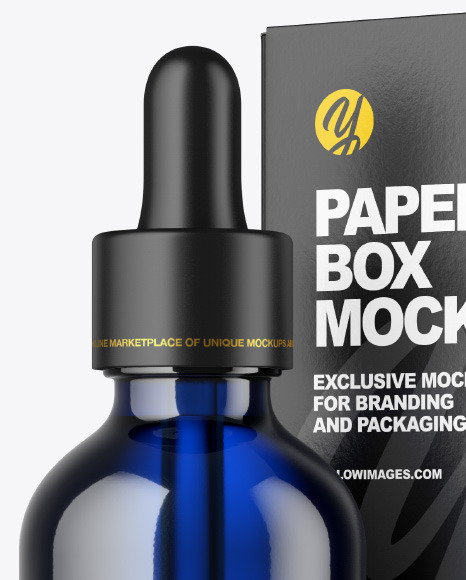 Blue Glass Dropper Oil Bottle w/ Paper Box Mockup Blue Glass Dropper Oil Bottle w/ Paper Box Mockup