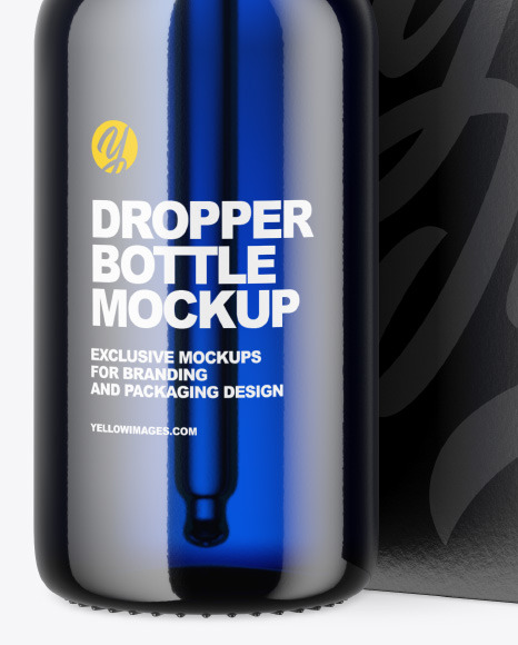 Blue Glass Dropper Oil Bottle w/ Paper Box Mockup Blue Glass Dropper Oil Bottle w/ Paper Box Mockup