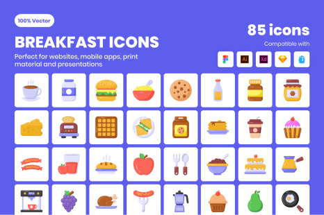 85 Flat Detailed Breakfast Icons