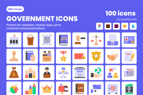 100 Flat Government Icons