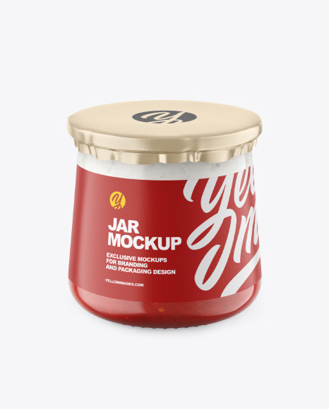 Clear Glass Jar with Yogurt and Strawberry Jam Mockup