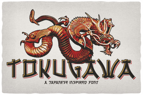 Tokugawa. Font and 10 editable t-shirt designs.