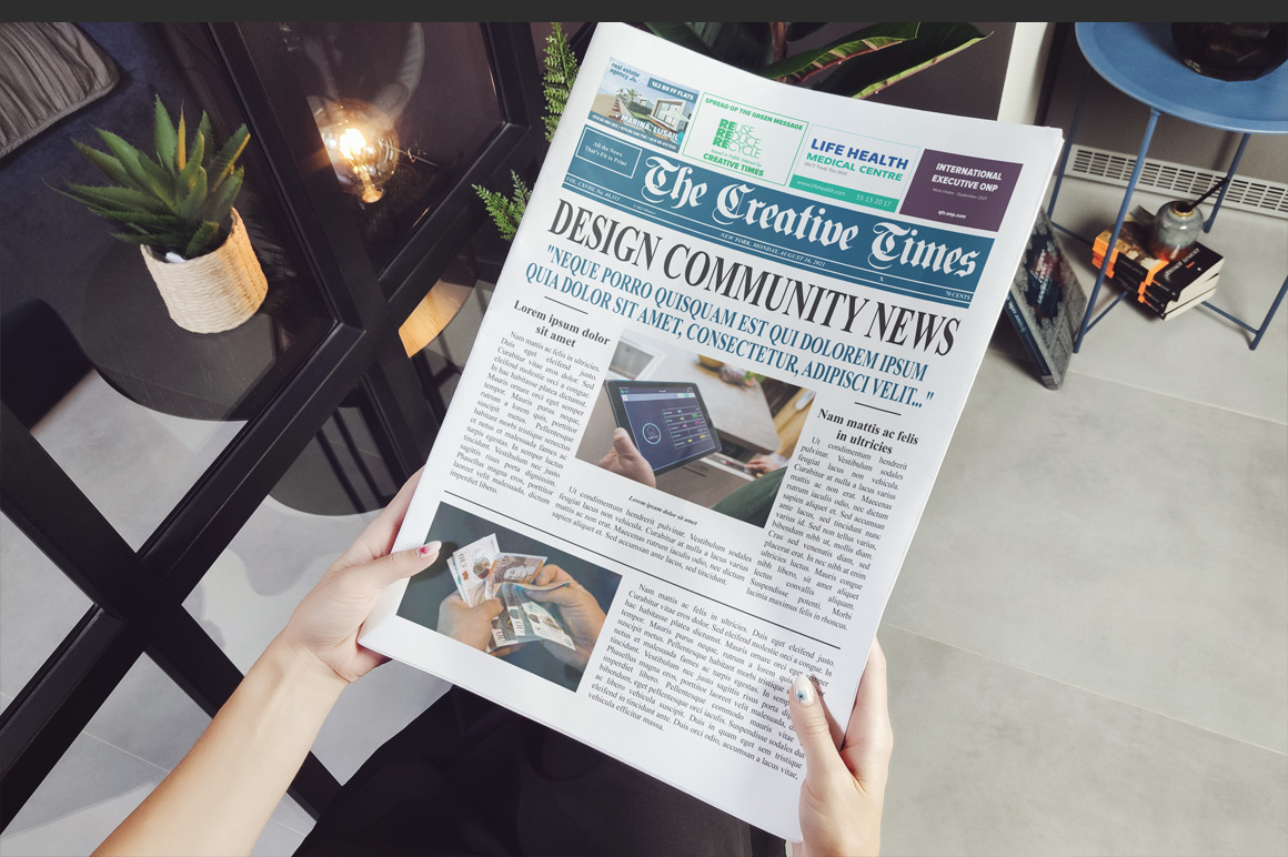 Hands Holding Business Newspaper Mockup On Yellow Images Creative Store