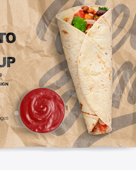 Paper Wrapper With Burrito and Sauce Mockup PSD #1