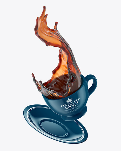 Glossy Coffee Cup and Saucer w/ Splash Mockup