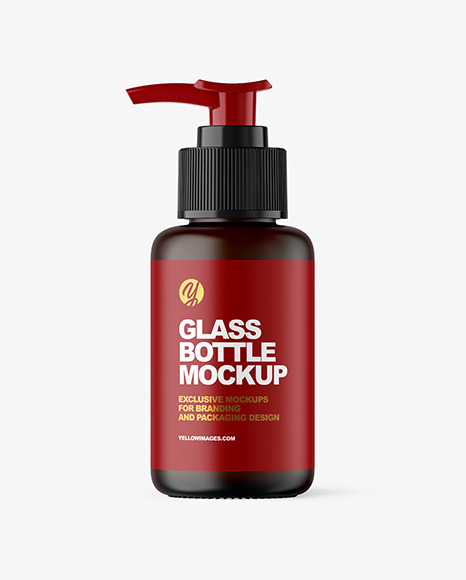Frosted Amber Glass Cosmetic Bottle with Pump Mockup Frosted Amber Glass Cosmetic Bottle with Pump Mockup