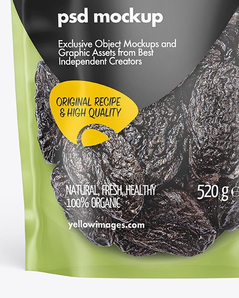 Frosted Plastic Pouch w/ Dried Prunes Mockup Frosted Plastic Pouch w/ Dried Prunes Mockup