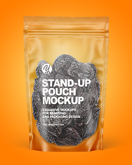 Frosted Plastic Pouch w/ Dried Prunes Mockup Frosted Plastic Pouch w/ Dried Prunes Mockup