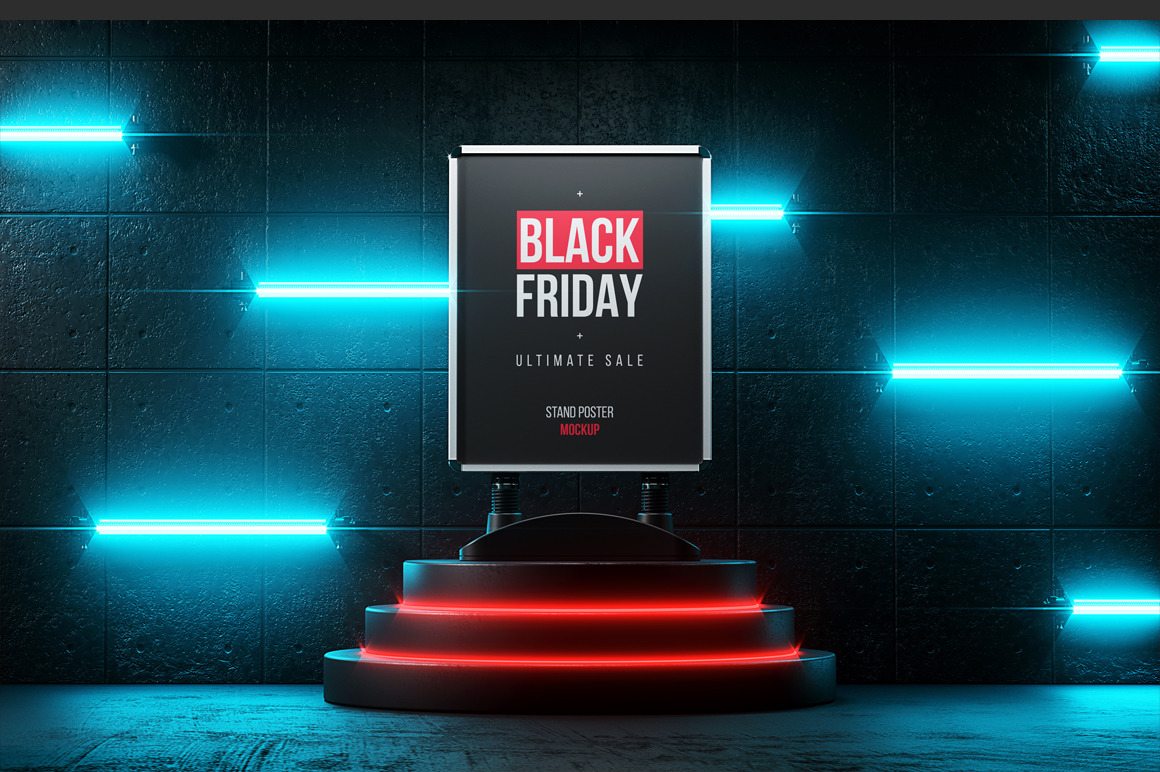 Poster Stand In Dark Place With Neon Mockup