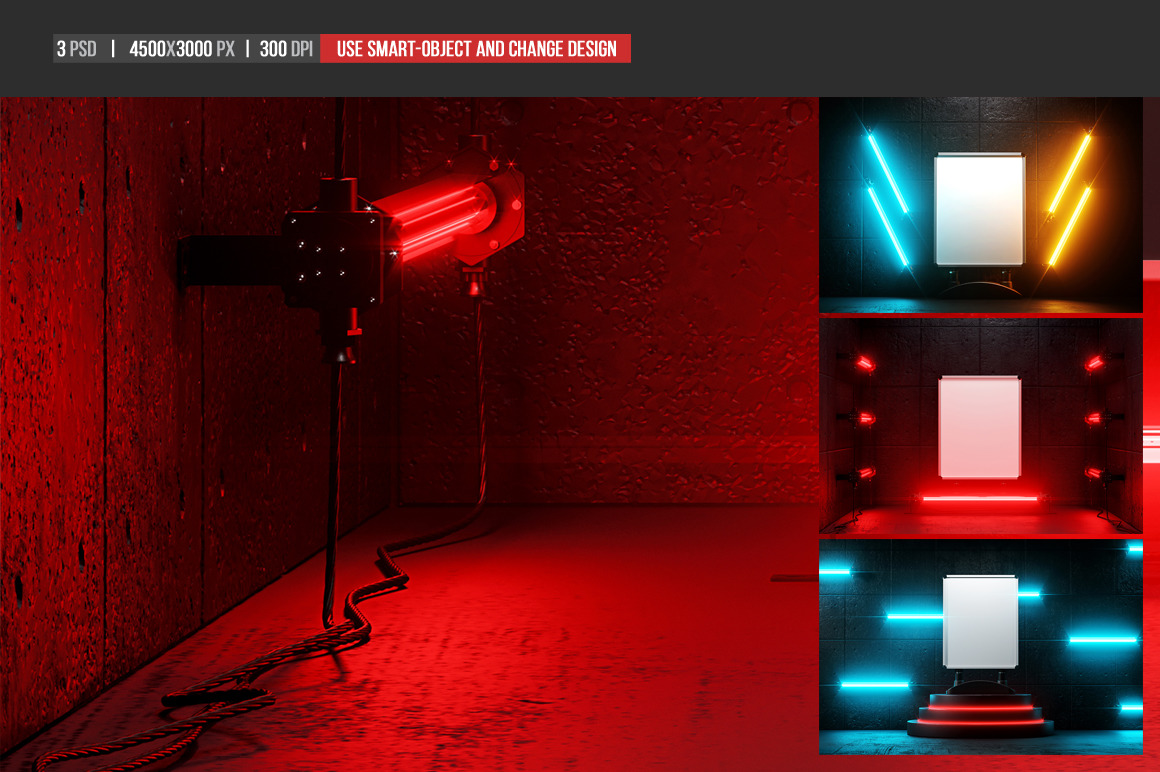Poster Stand In Dark Place With Neon Mockup