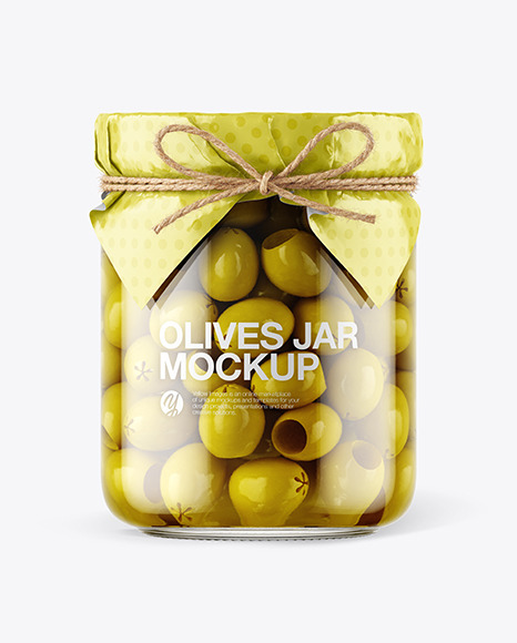 Glass Green Olives Jar with Paper Cap Mockup PSD #1