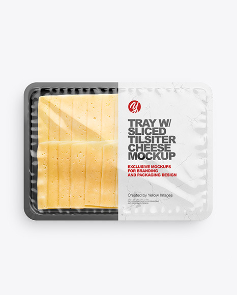 Plastic Tray With Glossy Film &amp; Sliced Tilsiter Cheese Mockup
