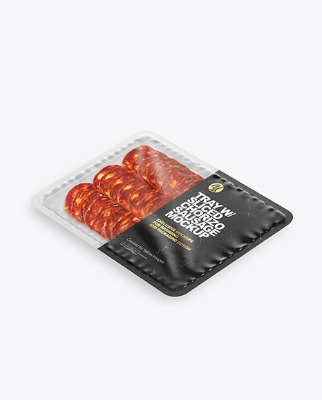 Plastic Tray With Matte Film &amp; Sliced Chorizo Sausage Mockup Half View