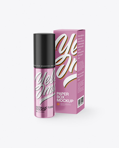 Metallic Cosmetic Bottle with Paper Box Mockup