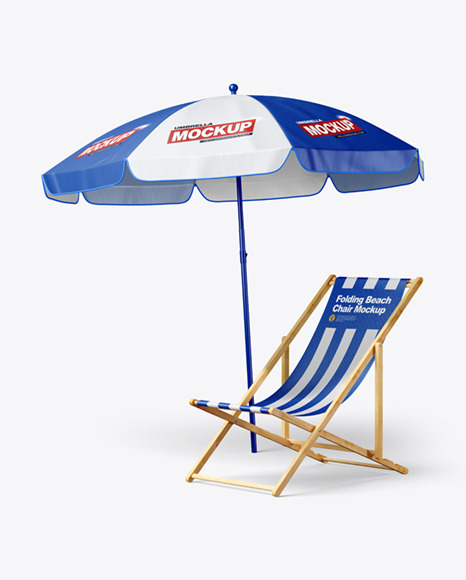 Beach Umbrella w/ Folding Chair Mockup - Half Side View