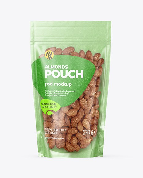 Download Kraft Stand-up Pouch with Almonds Mockup PSD Mockups by DANIL