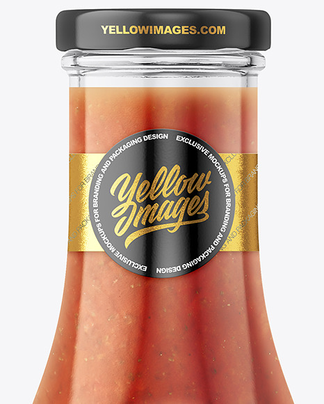 Glass Bottle with Red Sauce and Glossy Label Mockup PSD #1